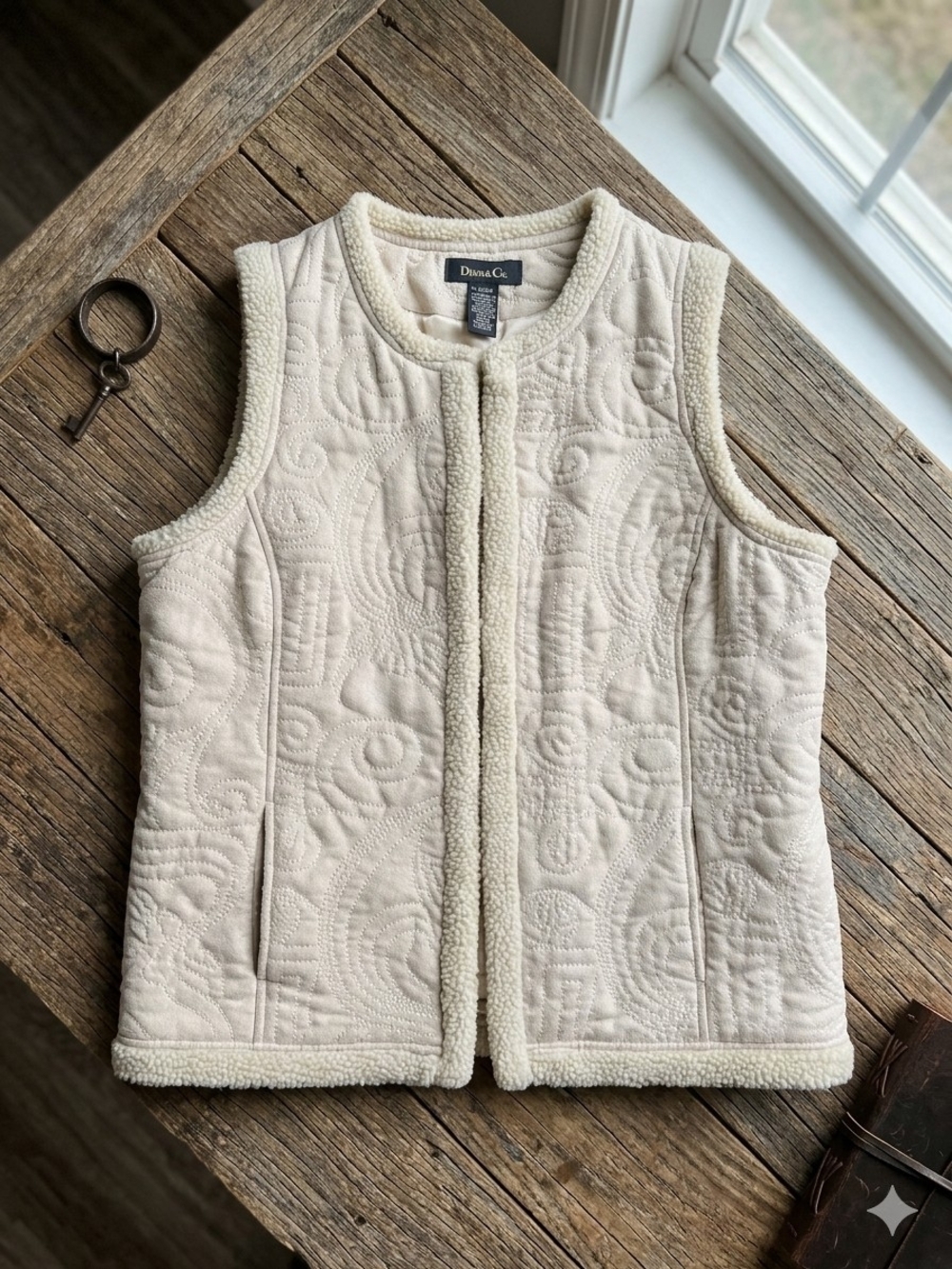 Denim&Co Cream Quilted Sherpa-Trim Vest